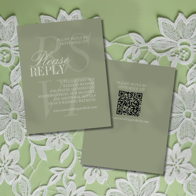 Cartons Réponse Mariage Formel Moderne Écriture Vert Sauge QR  (Invite guest to give their response for your big day with this Modern Script Sage Green RSVP!)
