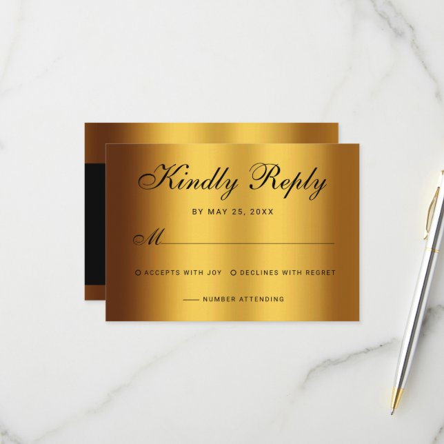 Cartons Réponse Mariage frontalier de luxe Black Gold Calligraphie (Devant/Arrière en situation)