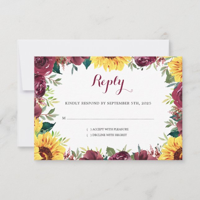 Cartons Réponse Mariage frontalier floral des tournesols aquarelle (Devant)