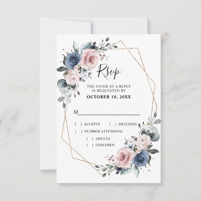 Cartons Réponse Mariage géométrique au bleu poussiéreux, mauve et  (Devant)