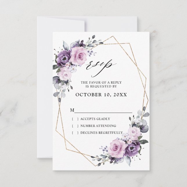 Cartons Réponse Mariage géométrique aux nuances de fleurs de pourp (Devant)