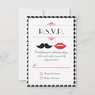 Cartons Réponse Mariage Houndstooth Rouge, Noir & Moustache et Lèv