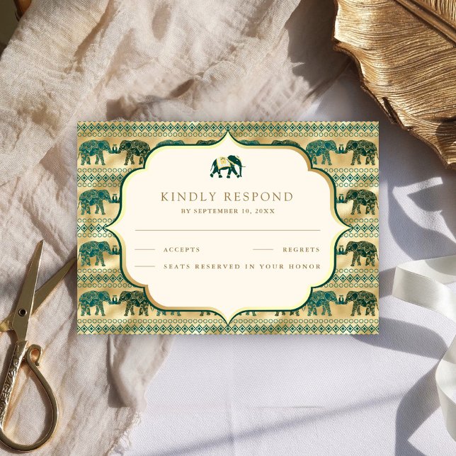 Cartons Réponse Mariage indien Emerald Green Gold Elephant (Créateur téléchargé)
