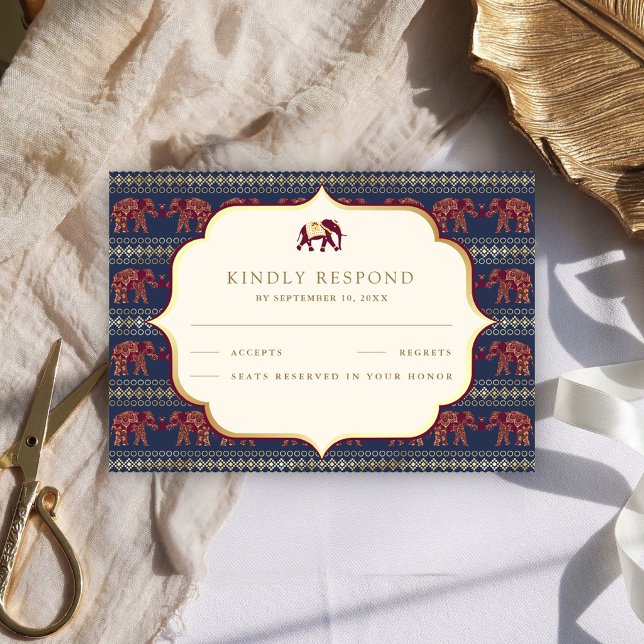 Cartons Réponse Mariage indien Navy Blue Burgundy Gold Elephant (Créateur téléchargé)