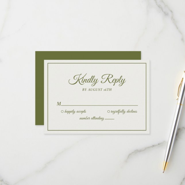 Cartons Réponse Mariage Kindly Répondre Crème Moderne & Vert Olive (Devant/Arrière en situation)