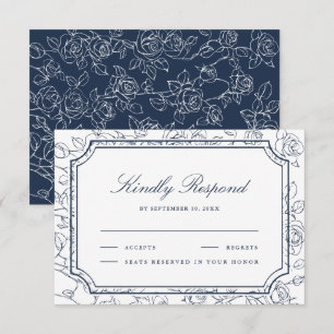 Cartons Réponse Mariage ligne artistique florale bleu marine victo