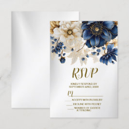 Cartons Réponse Mariage Marine Bleu Blanc Or Floral Argent