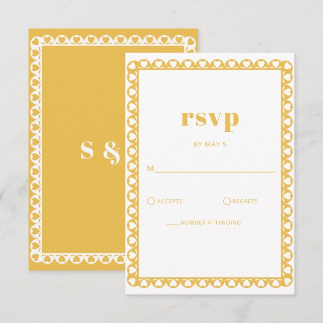 Cartons Réponse Mariage mexicain Fiesta Yellow Papel Picado Boho (Devant / Derrière)