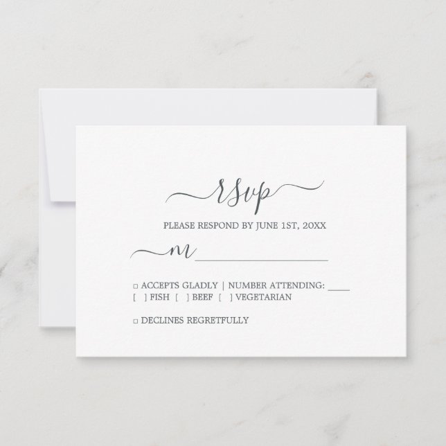 Cartons Réponse Mariage minimal noir noir de script chic (Devant)