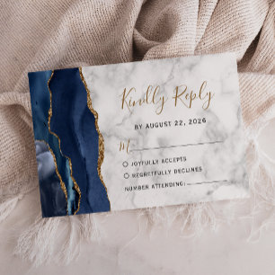 Cartons Réponse Mariage Moderne avec Marbre Agate Bleu Nuit et Or