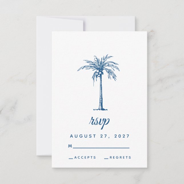 Cartons Réponse Mariage moderne Blue Palm Plage tropicale (Devant)