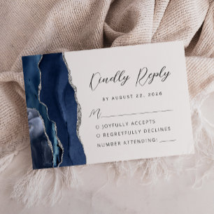 Cartons Réponse Mariage Moderne Écriture Agate Bleu Marine Argent