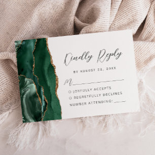 Cartons Réponse Mariage Moderne Écriture Vert Émeraude Agate Or