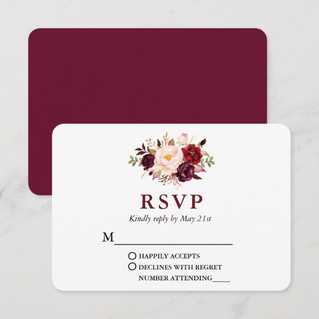Cartons Réponse Mariage Moderne Élégant Bourgogne Floral (Devant / Derrière)