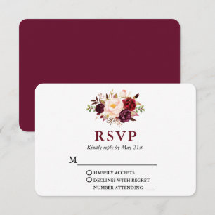 Cartons Réponse Mariage Moderne Élégant Bourgogne Floral