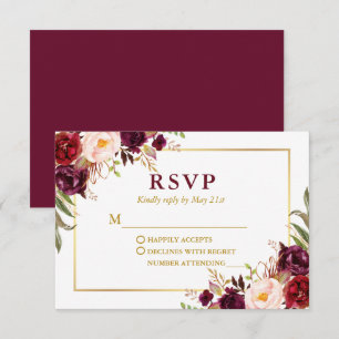 Cartons Réponse Mariage Moderne Élégant Bourguignon Floral Doré