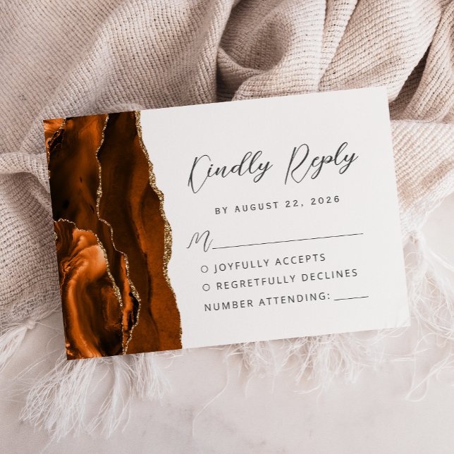 Cartons Réponse Mariage Moderne Script Agate Orange Brûlé Or (Créateur téléchargé)