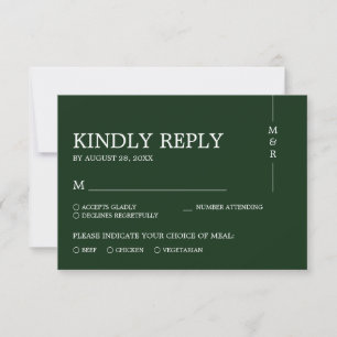 Cartons Réponse Mariage moderne simple vert foncé Monogramme