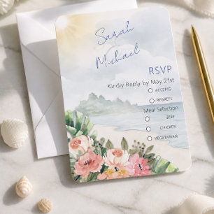 Cartons Réponse Mariage Moderne sur la Plage avec des Fleurs