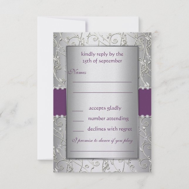 Cartons Réponse Mariage Monogram Purple et Silver Swirl (Devant)