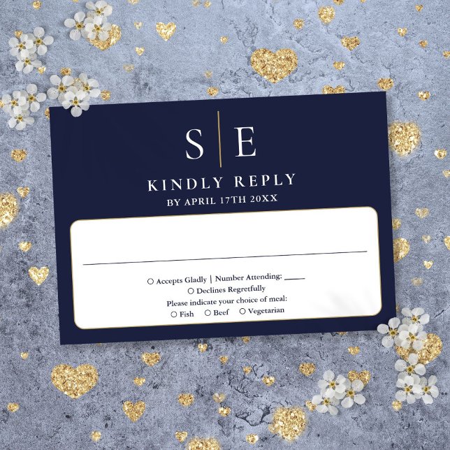Cartons Réponse Mariage Monogramme bleu et or de la marine (Navy Blue And Gold Monogram Wedding RSVP Card)