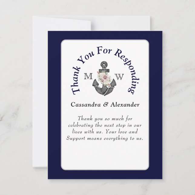 Cartons Réponse Mariage nautique Floral Ancre Marine Bleu blanc (Dos)