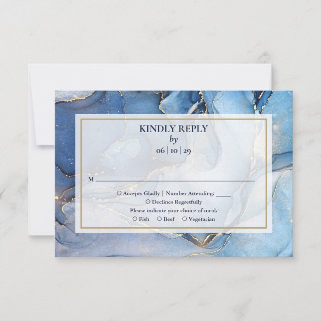 Cartons Réponse Mariage Nautique Marine Bleu Et Monogramme Or (Devant)