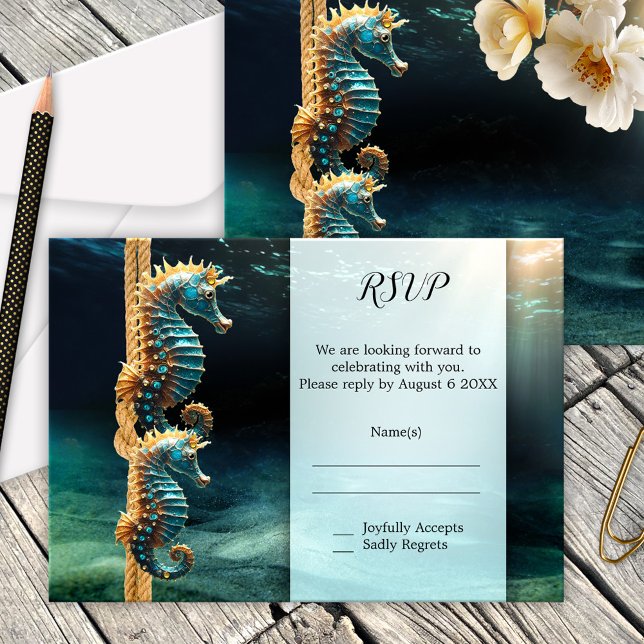 Cartons Réponse Mariage nautique Seahorse (Nautical wedding RSVP or enclosure card with two seahorses in a magical underwater world)