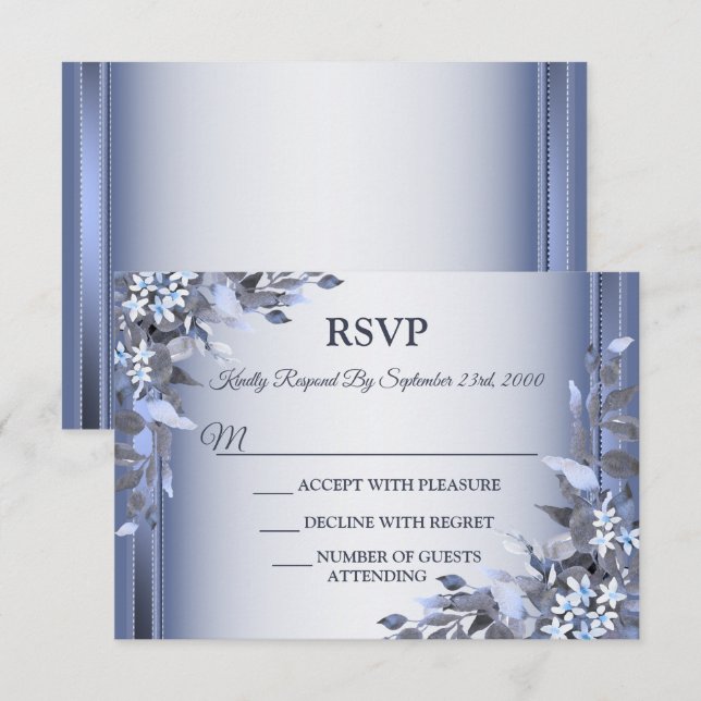 Cartons Réponse Mariage Navy Blue Floral Silver Grey Party (Devant / Derrière)
