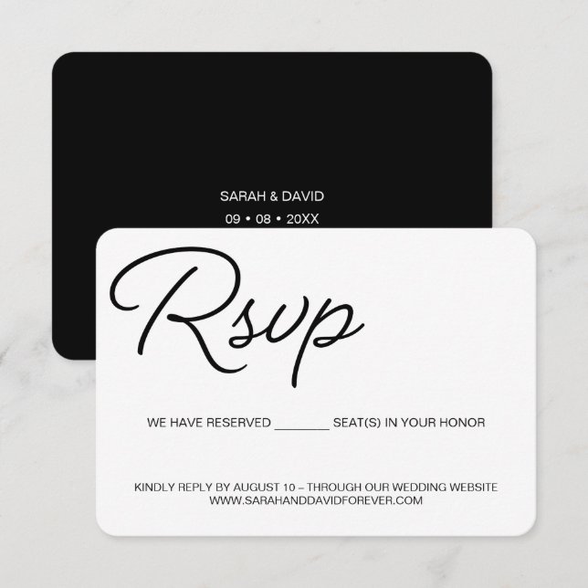 Cartons Réponse Mariage noir blanc chic Nous avons réservé le sièg (Devant / Derrière)