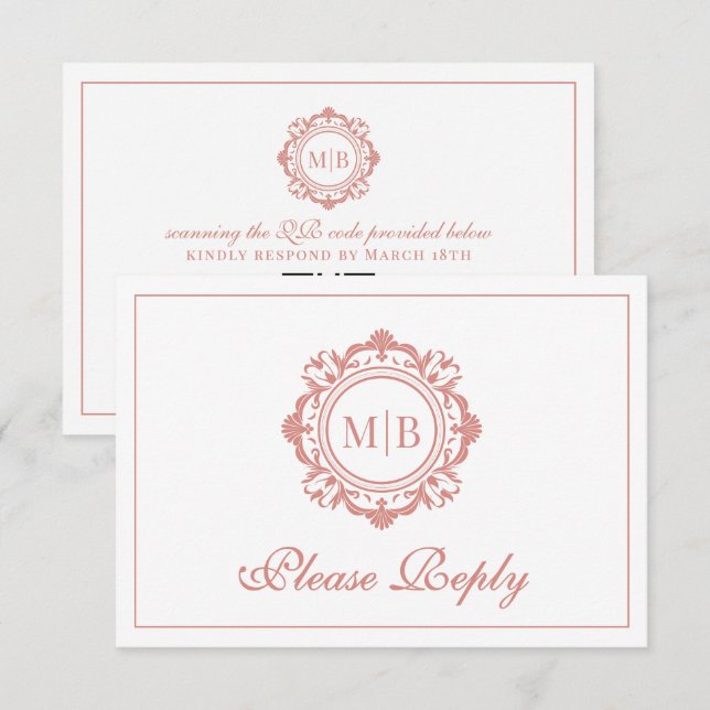 Cartons Réponse Mariage or Rose de monogramme floral orné (Devant / Derrière)