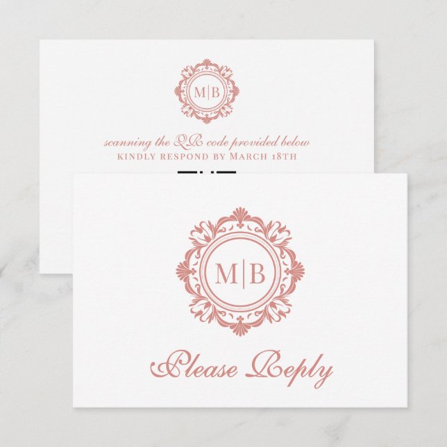 Cartons Réponse Mariage or Rose de monogramme floral orné (Devant / Derrière)