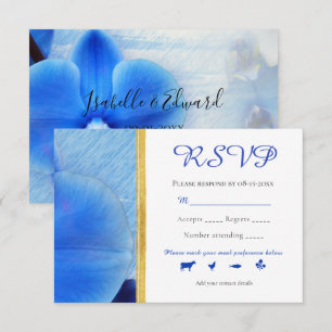 Cartons Réponse Mariage Orchidées Aquarelle Bleu Tropical Ligne Or