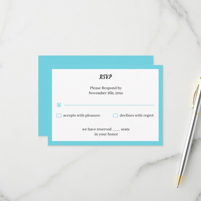 Cartons Réponse Mariage personnalisé bleu simple (Devant/Arrière en situation)