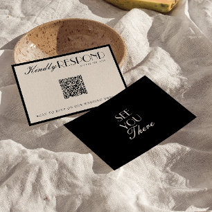 Cartons Réponse Mariage QR Code Classe Élégant Crème Noir Argent A