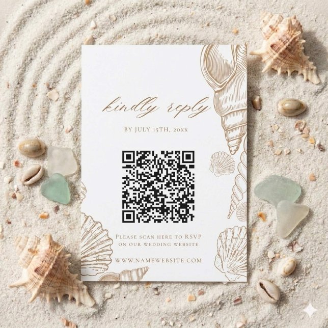 Cartons Réponse Mariage QR Code Coquilles Dorées & Blanches Côtièr (Créateur téléchargé)