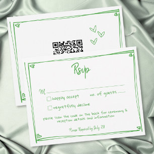 Cartons Réponse Mariage QR de cœur dessiné à la main vert blanc fa