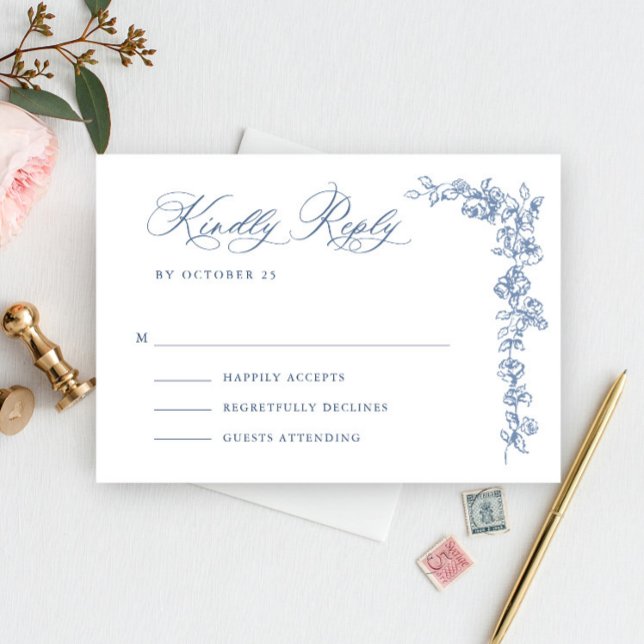 Cartons Réponse Mariage Renaissance Orné Floral Bleu Poussiéreux (Créateur téléchargé)
