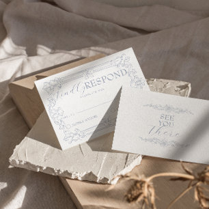 Cartons Réponse Mariage Rétro Argenté Bleu Blanc Classe et Élégant
