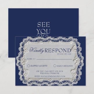 Cartons Réponse Mariage rétro élégant en dentelle bleu marine vint