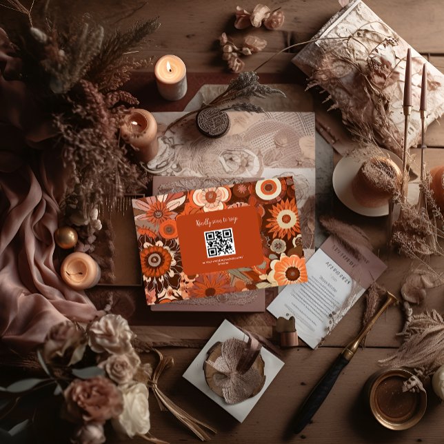 Cartons Réponse Mariage rétro groovy orange floral brûlé (Créateur téléchargé)