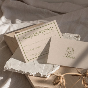 Cartons Réponse Mariage rétro vert olive beige bohème vieil argent