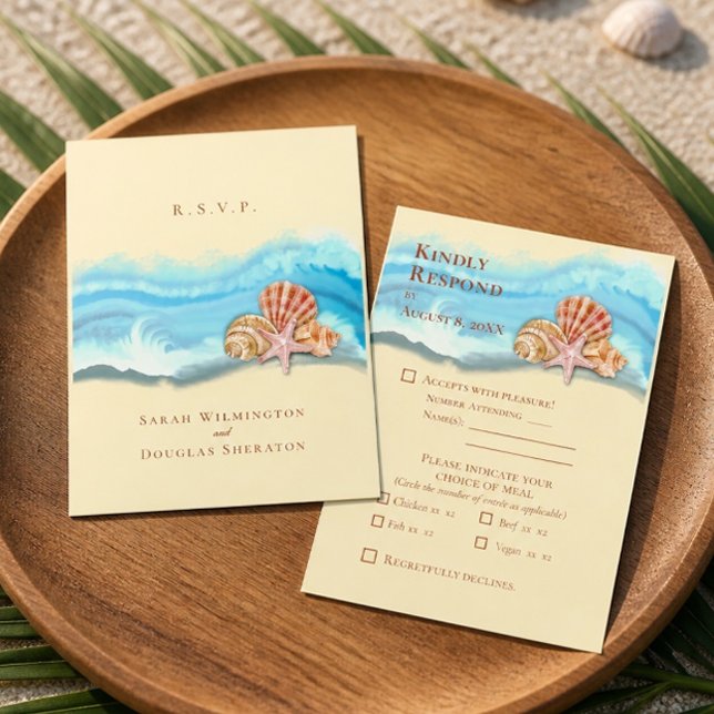 Cartons Réponse Mariage romantique vague d'océan bleu et coquillag (Créateur téléchargé)