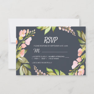 Cartons Réponse Mariage rose Floral moderne bleu foncé