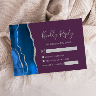 Cartons Réponse Mariage Royal Bleu Argent Agate Prune