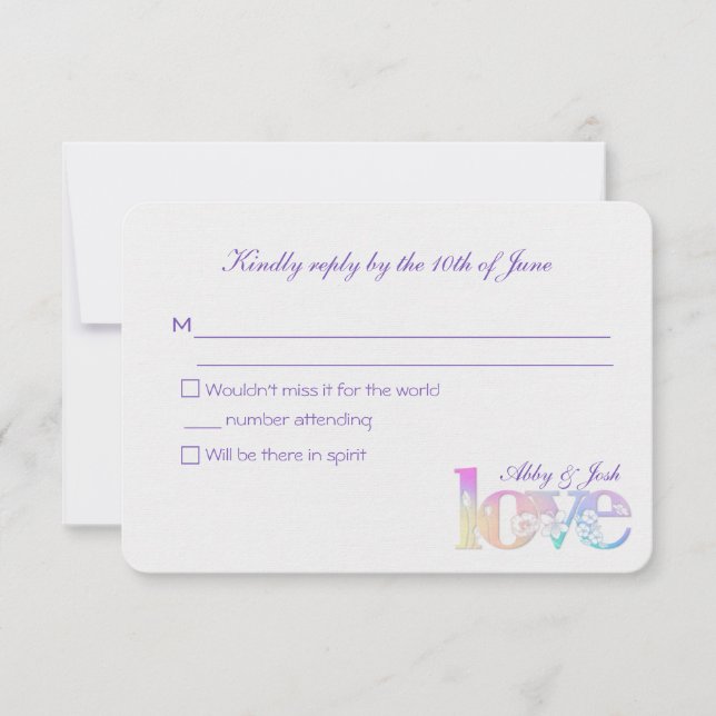 Cartons Réponse mariage RSVP-arc-en-ciel texte d'amour sur blanc (Devant)
