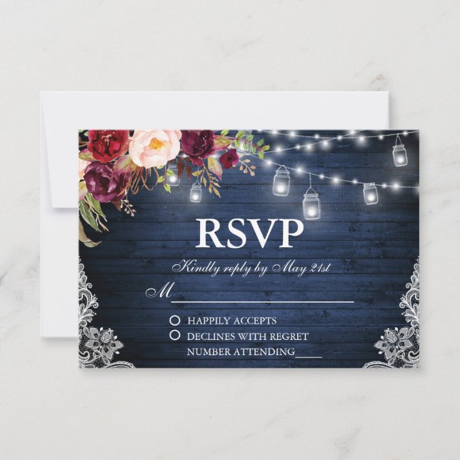 Cartons Réponse Mariage rustique Bleu Bois Lumières Jarres Floral  (Devant)