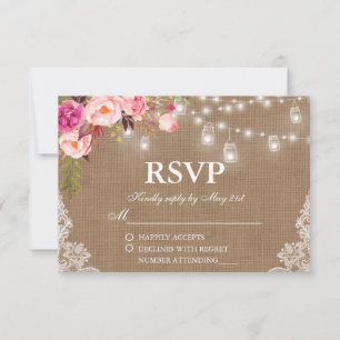 Cartons Réponse Mariage rustique Burlap Lumières Florales Jars Lac