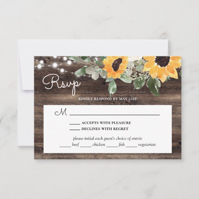 Cartons Réponse Mariage Rustique En Bois De Tournesol Avec Choix D (Devant)