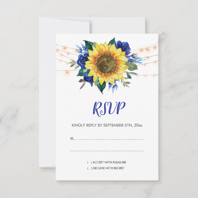 Cartons Réponse Mariage Rustique Sunflower Blue Floral Lumières (Devant)